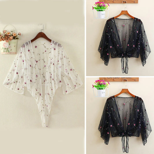 Women Floral Embroidery Sheer shirts