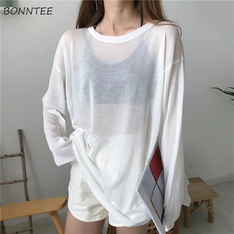 Sheer T-shirts Women Loose Korean Style Summer Sun-proof Casual Simple All-match Thin Lazy Fashion Ulzzang Temperament Classic
